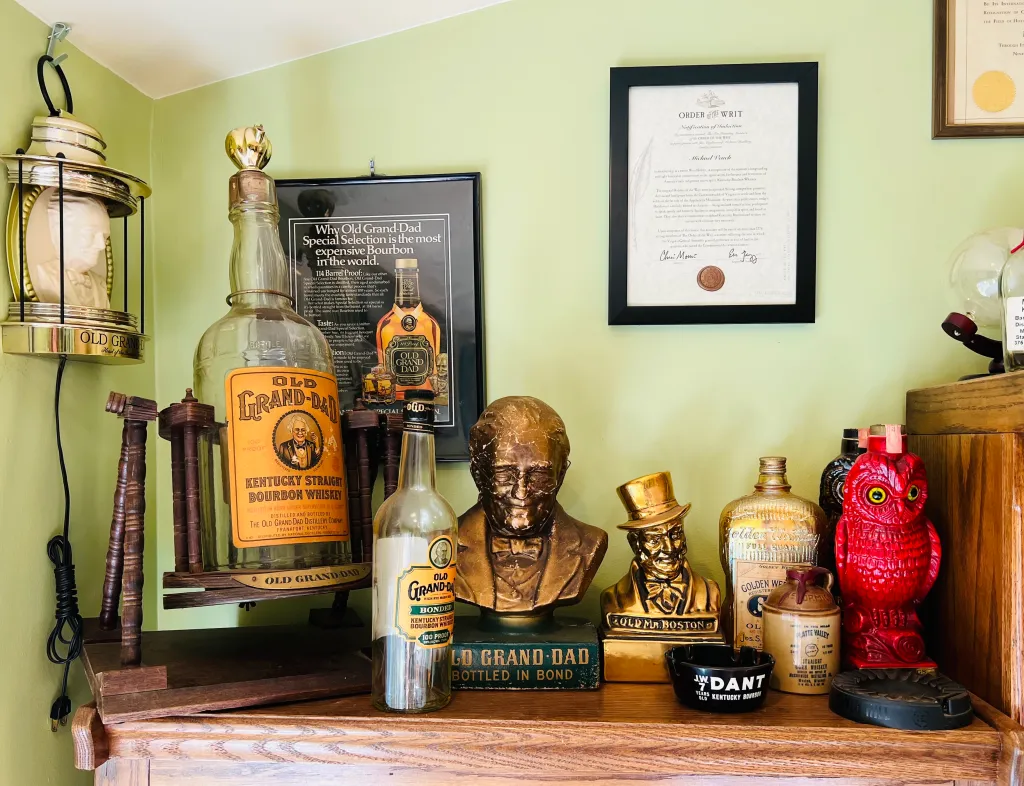 empty whiskey bottles on display